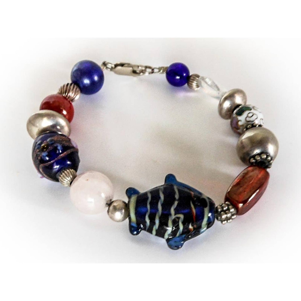 Vintage Sterling Silver Fish Charm Bracelet – Glass & Quartz 7"